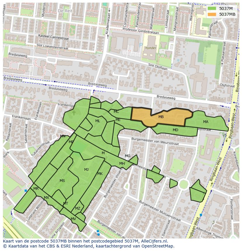 Afbeelding van het postcodegebied 5037 MB op de kaart.