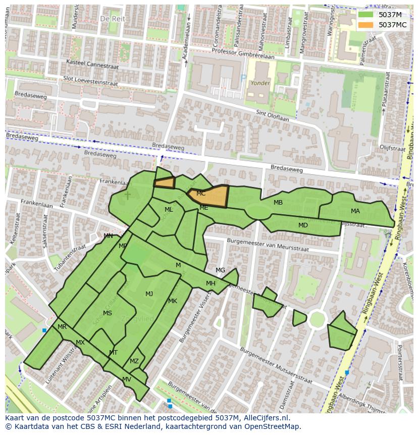 Afbeelding van het postcodegebied 5037 MC op de kaart.