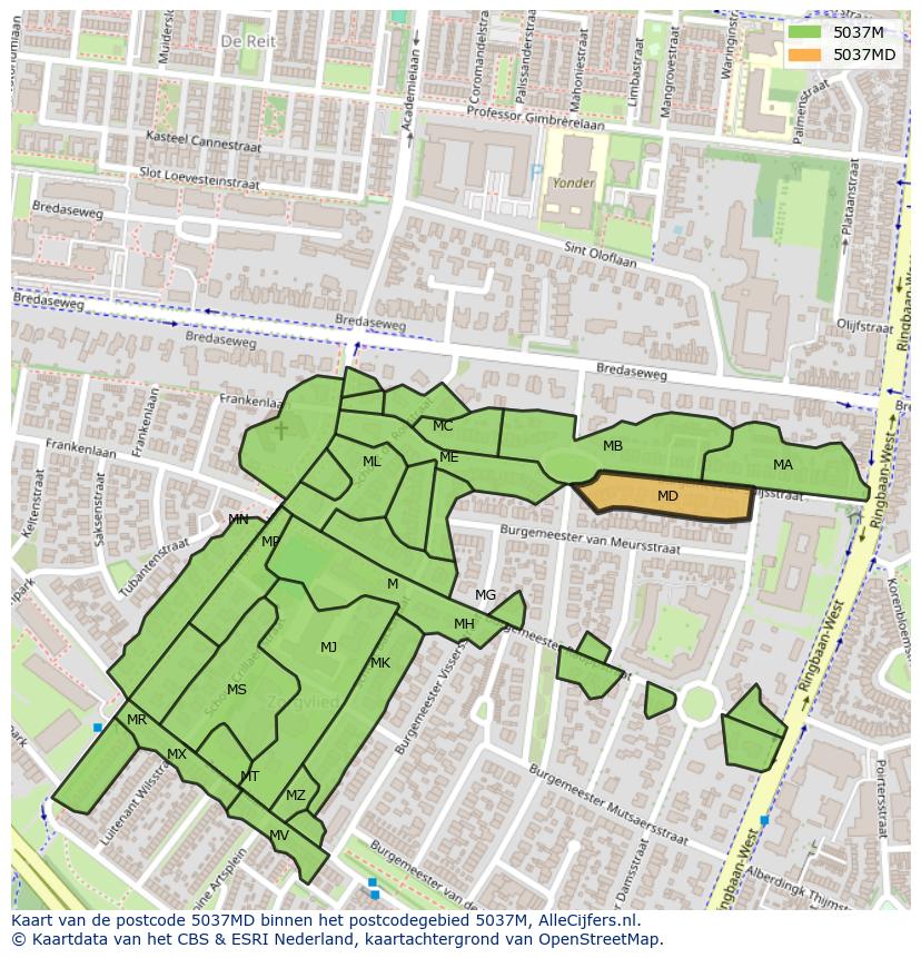 Afbeelding van het postcodegebied 5037 MD op de kaart.