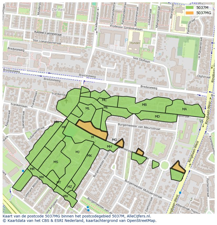 Afbeelding van het postcodegebied 5037 MG op de kaart.