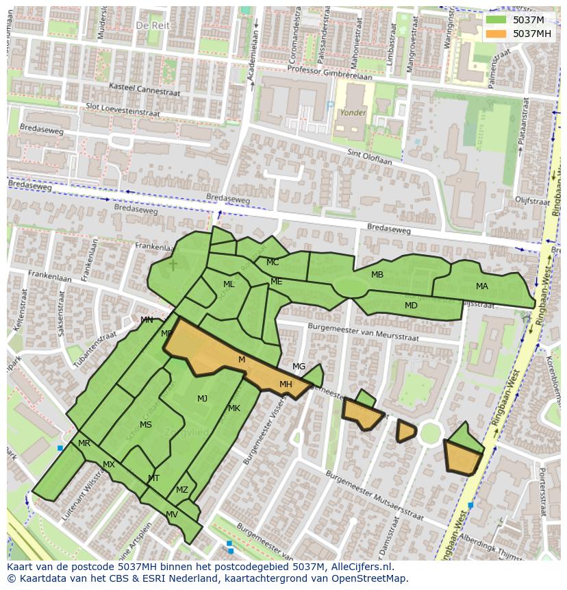 Afbeelding van het postcodegebied 5037 MH op de kaart.