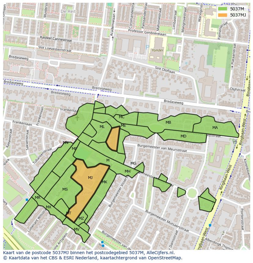 Afbeelding van het postcodegebied 5037 MJ op de kaart.