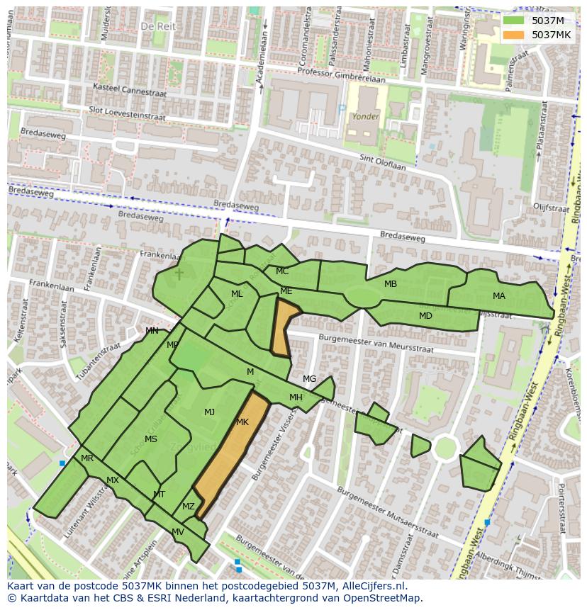 Afbeelding van het postcodegebied 5037 MK op de kaart.