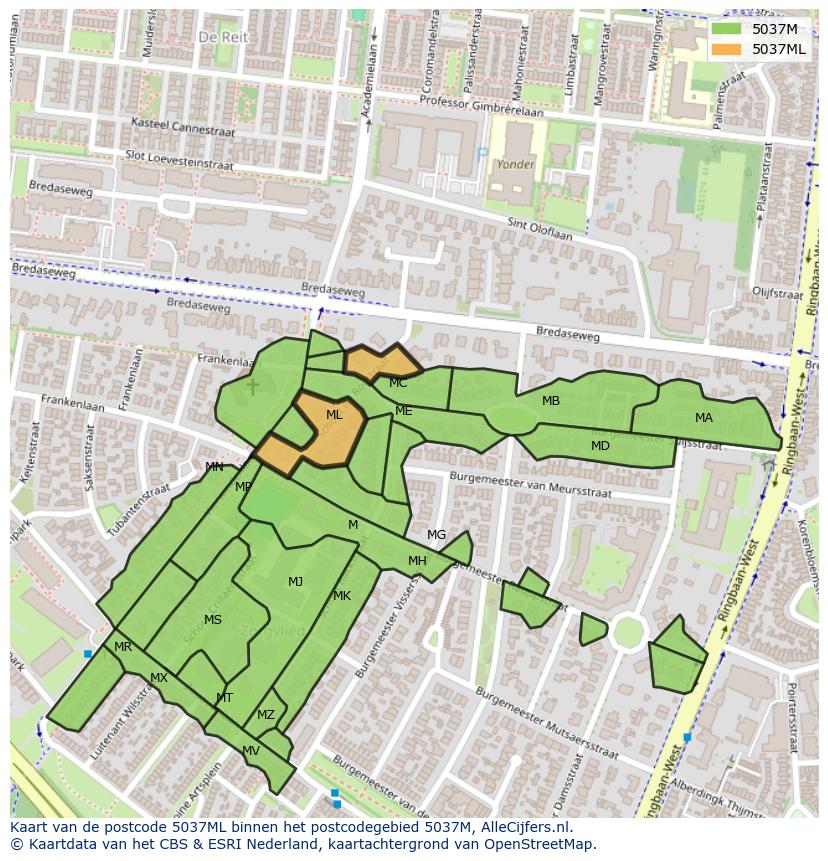 Afbeelding van het postcodegebied 5037 ML op de kaart.