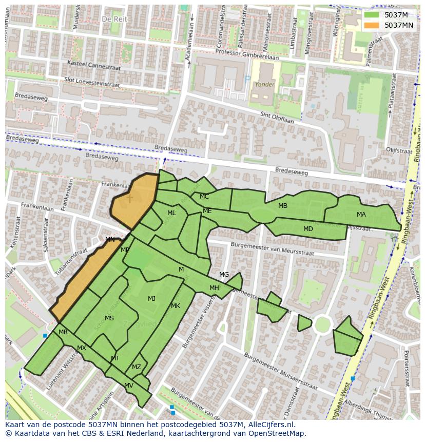 Afbeelding van het postcodegebied 5037 MN op de kaart.