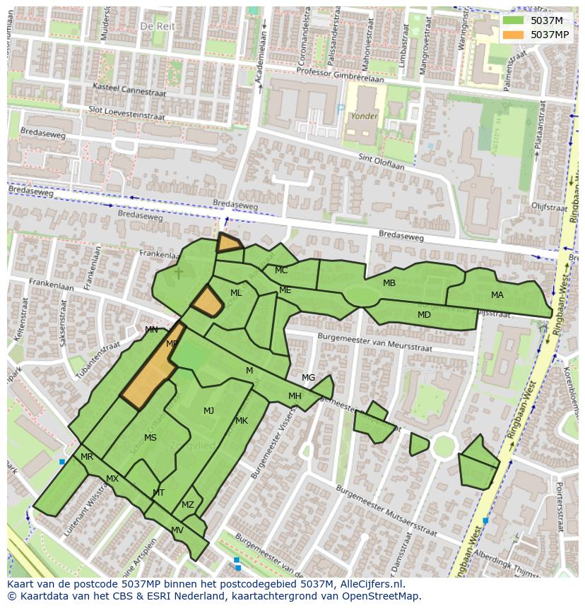 Afbeelding van het postcodegebied 5037 MP op de kaart.