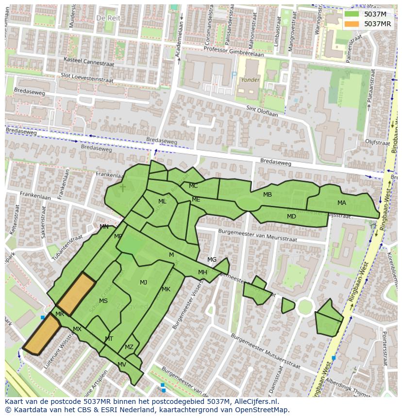 Afbeelding van het postcodegebied 5037 MR op de kaart.