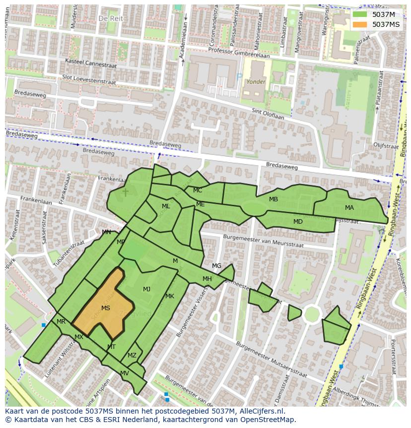 Afbeelding van het postcodegebied 5037 MS op de kaart.