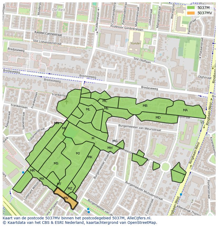 Afbeelding van het postcodegebied 5037 MV op de kaart.