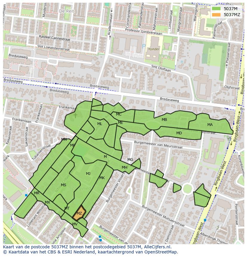 Afbeelding van het postcodegebied 5037 MZ op de kaart.