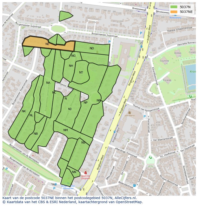 Afbeelding van het postcodegebied 5037 NE op de kaart.