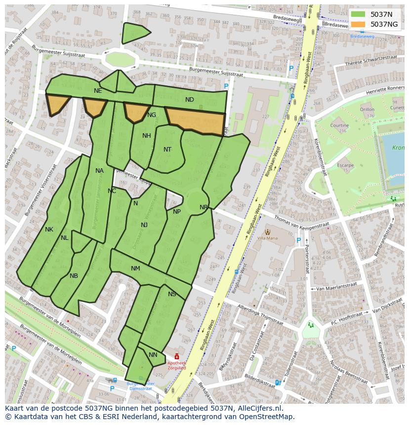 Afbeelding van het postcodegebied 5037 NG op de kaart.