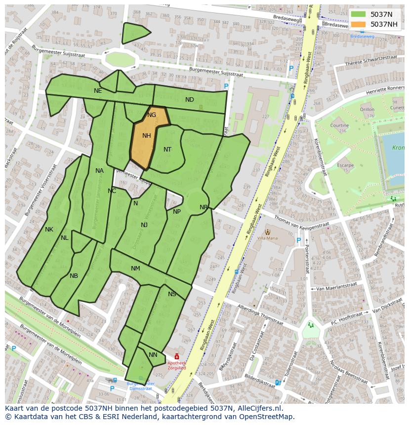Afbeelding van het postcodegebied 5037 NH op de kaart.