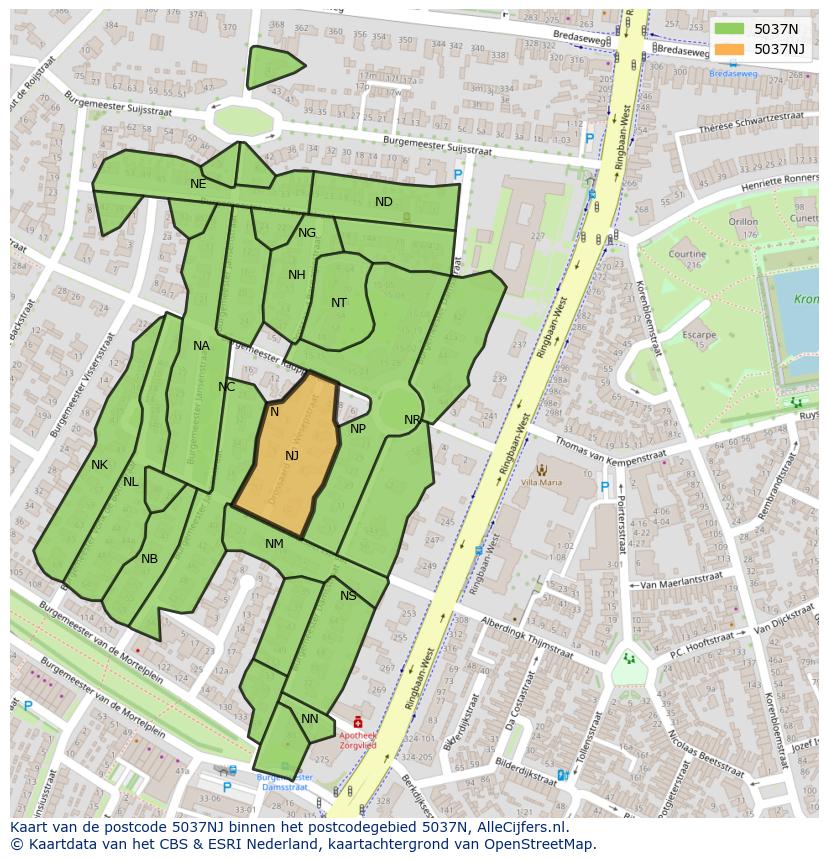 Afbeelding van het postcodegebied 5037 NJ op de kaart.