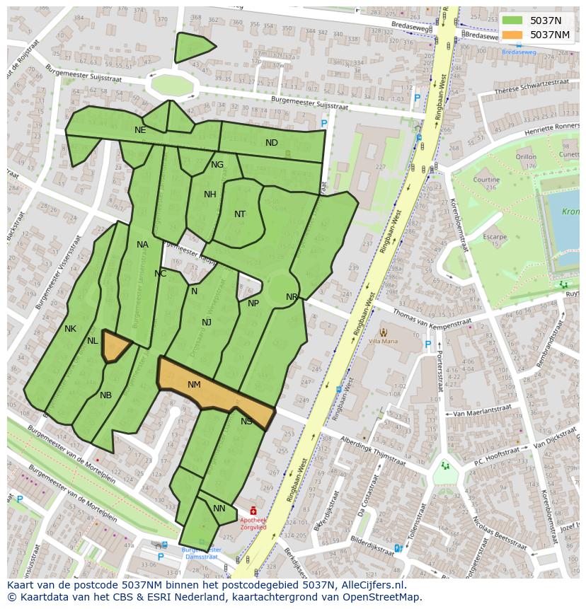 Afbeelding van het postcodegebied 5037 NM op de kaart.