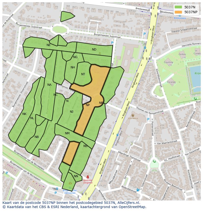 Afbeelding van het postcodegebied 5037 NP op de kaart.