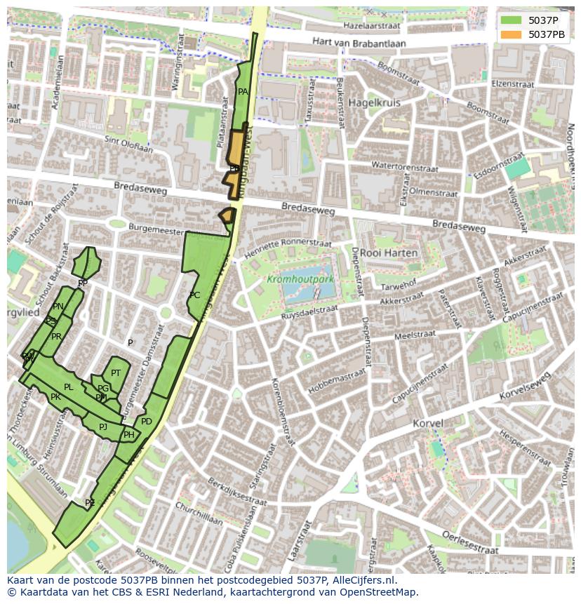 Afbeelding van het postcodegebied 5037 PB op de kaart.