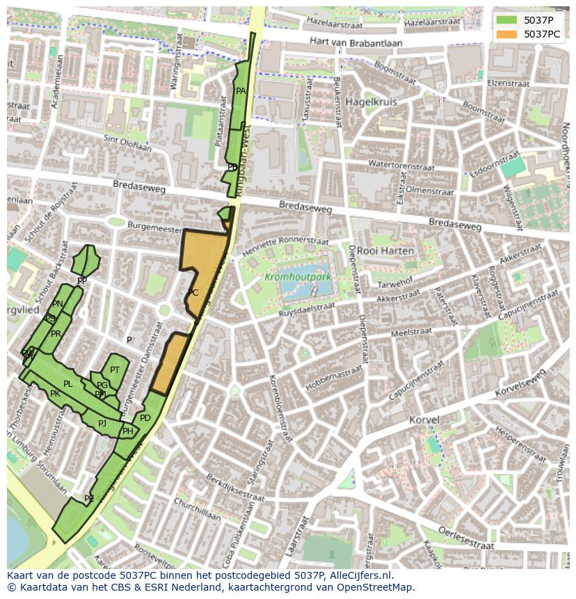 Afbeelding van het postcodegebied 5037 PC op de kaart.