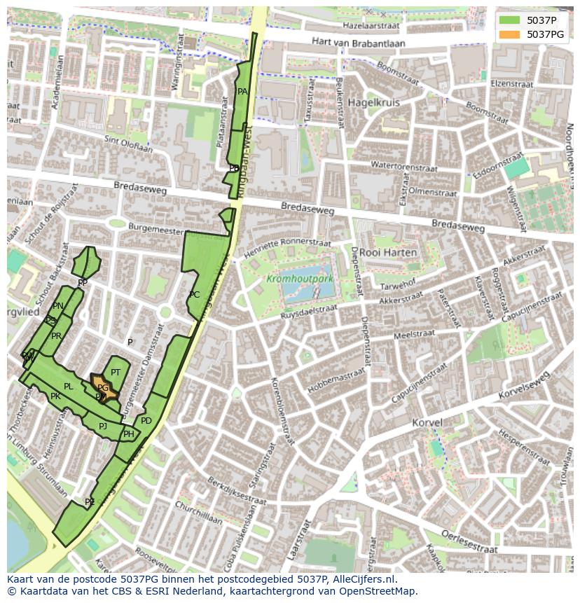 Afbeelding van het postcodegebied 5037 PG op de kaart.