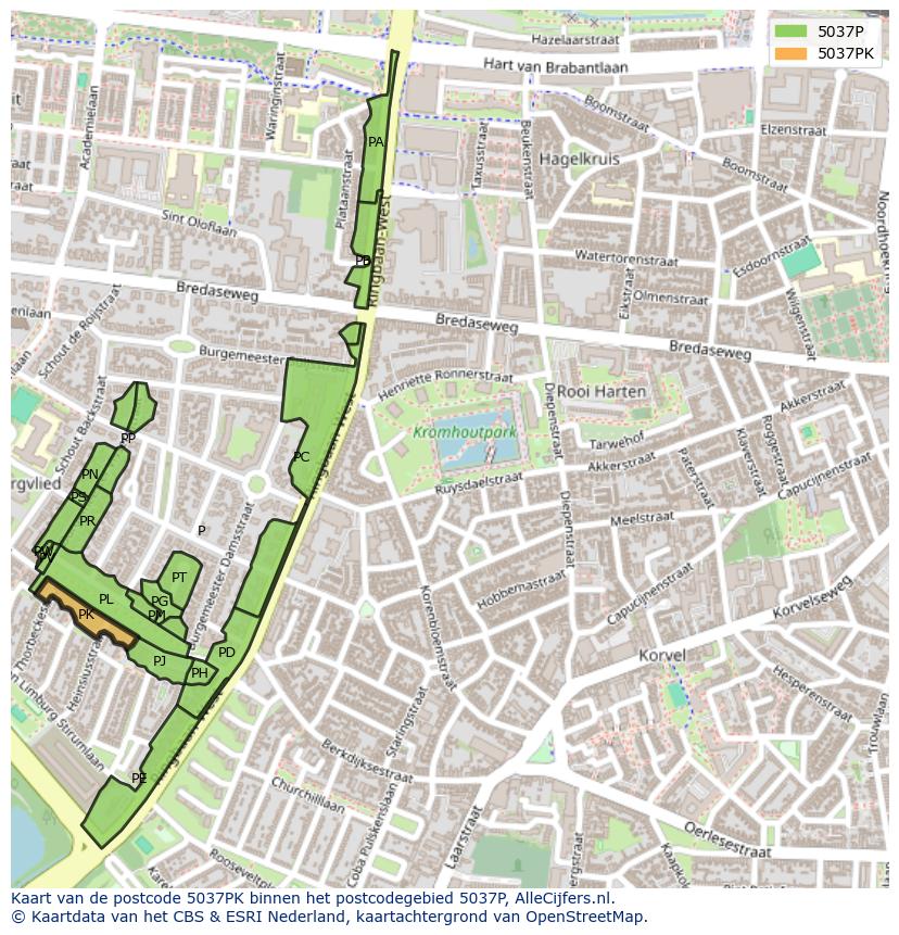 Afbeelding van het postcodegebied 5037 PK op de kaart.