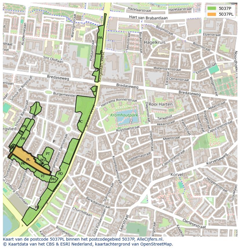 Afbeelding van het postcodegebied 5037 PL op de kaart.