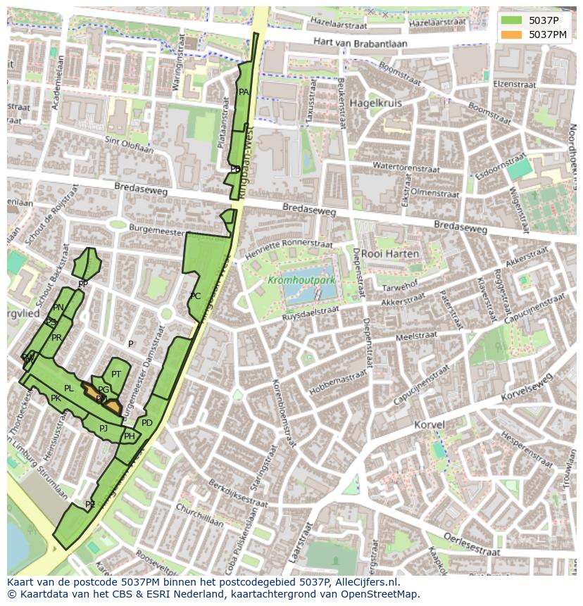 Afbeelding van het postcodegebied 5037 PM op de kaart.