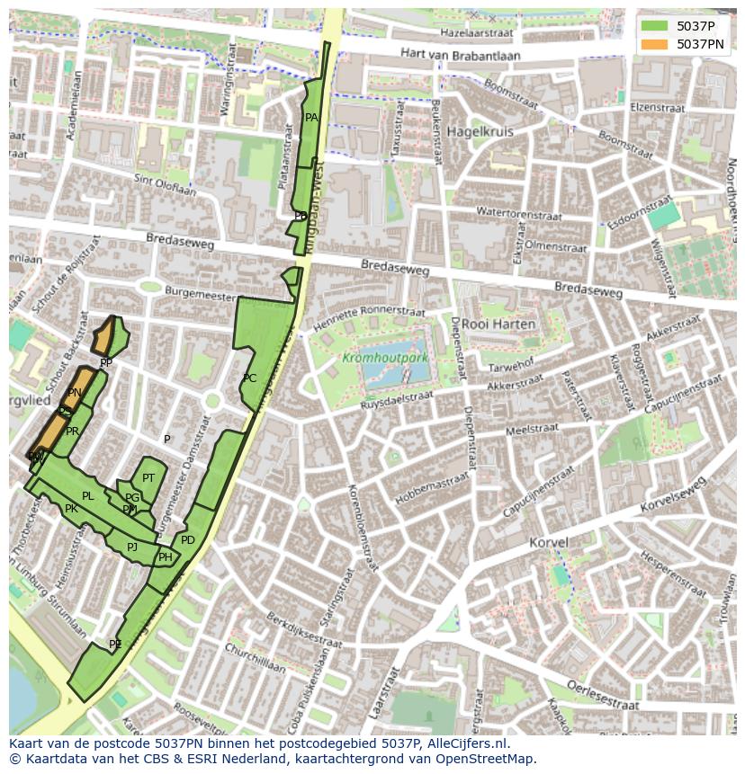 Afbeelding van het postcodegebied 5037 PN op de kaart.