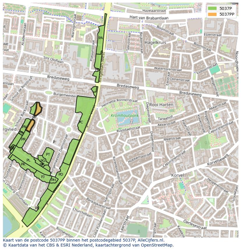 Afbeelding van het postcodegebied 5037 PP op de kaart.