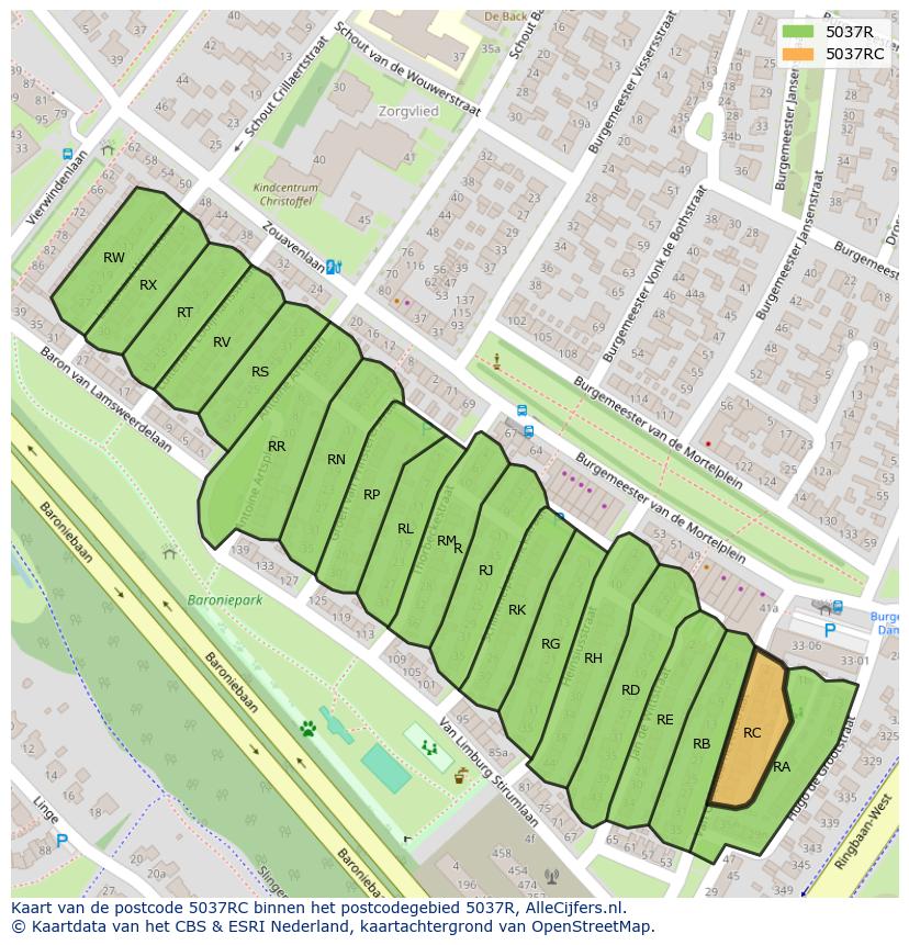 Afbeelding van het postcodegebied 5037 RC op de kaart.