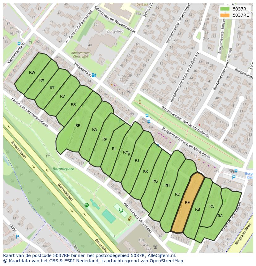 Afbeelding van het postcodegebied 5037 RE op de kaart.