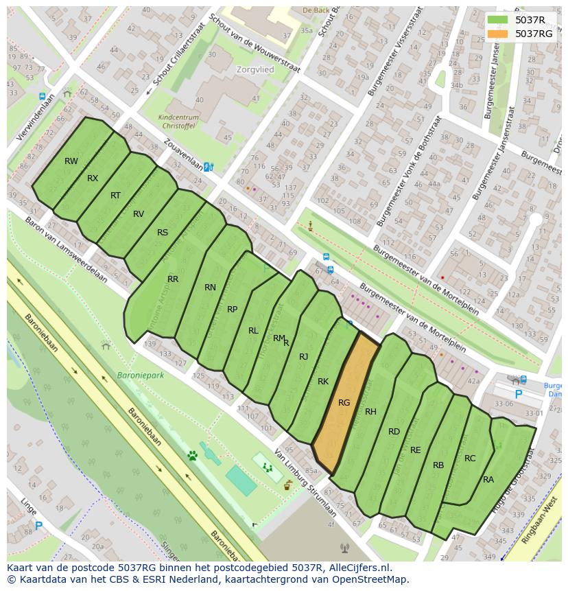 Afbeelding van het postcodegebied 5037 RG op de kaart.