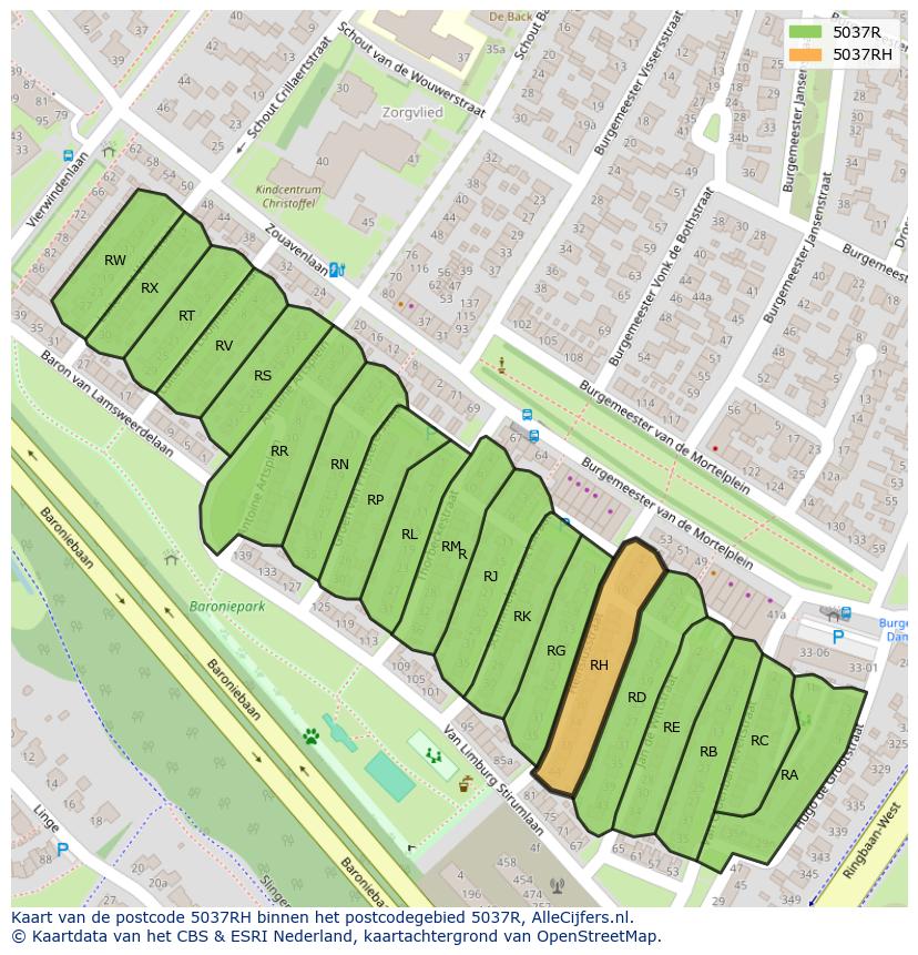 Afbeelding van het postcodegebied 5037 RH op de kaart.