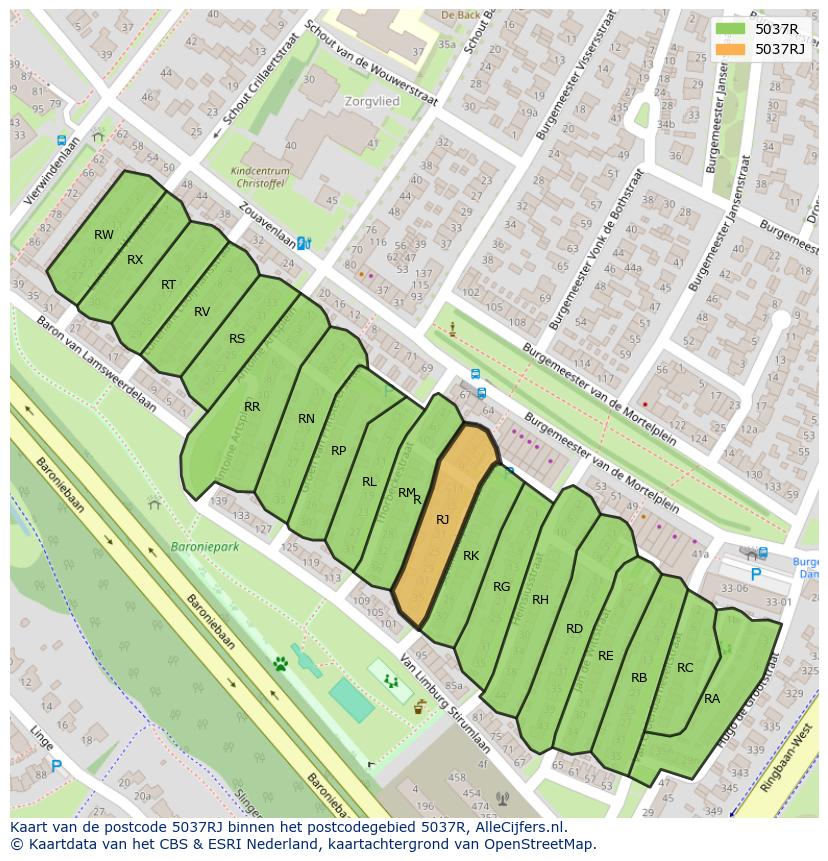 Afbeelding van het postcodegebied 5037 RJ op de kaart.
