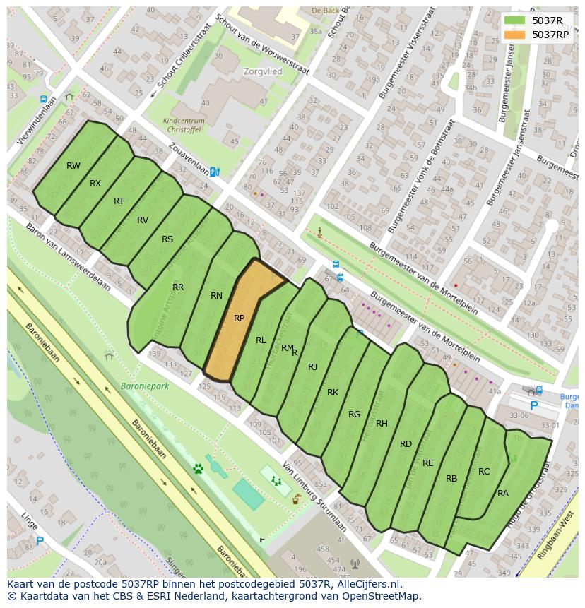 Afbeelding van het postcodegebied 5037 RP op de kaart.