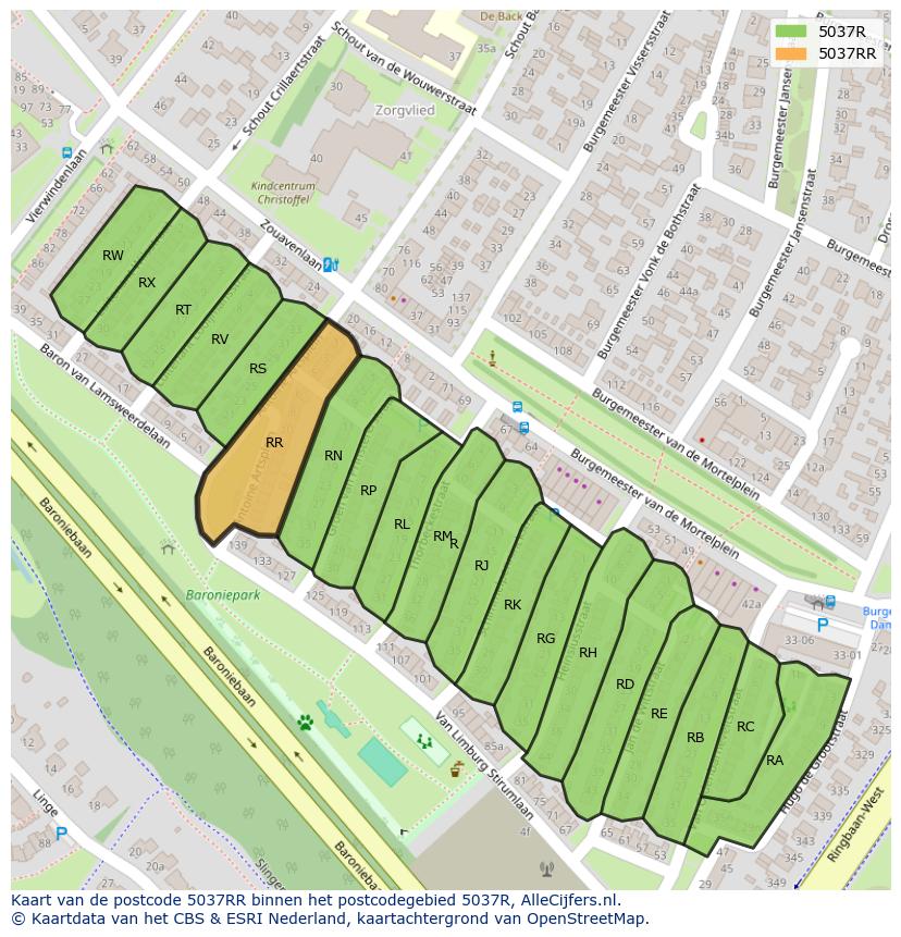 Afbeelding van het postcodegebied 5037 RR op de kaart.