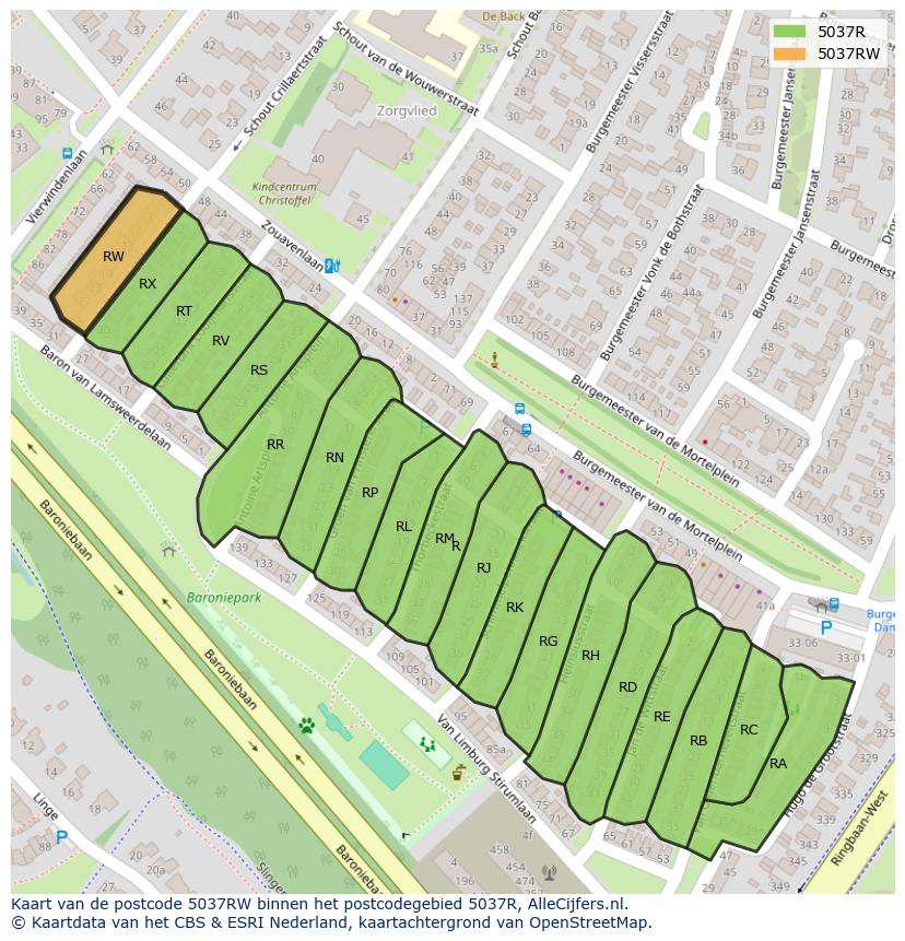 Afbeelding van het postcodegebied 5037 RW op de kaart.