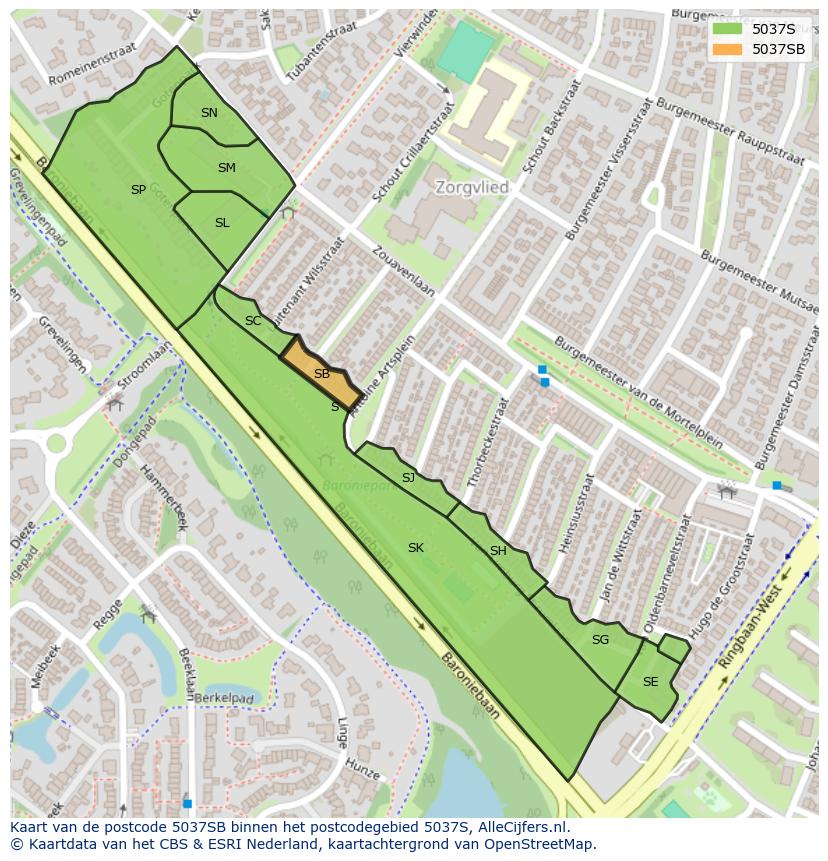 Afbeelding van het postcodegebied 5037 SB op de kaart.