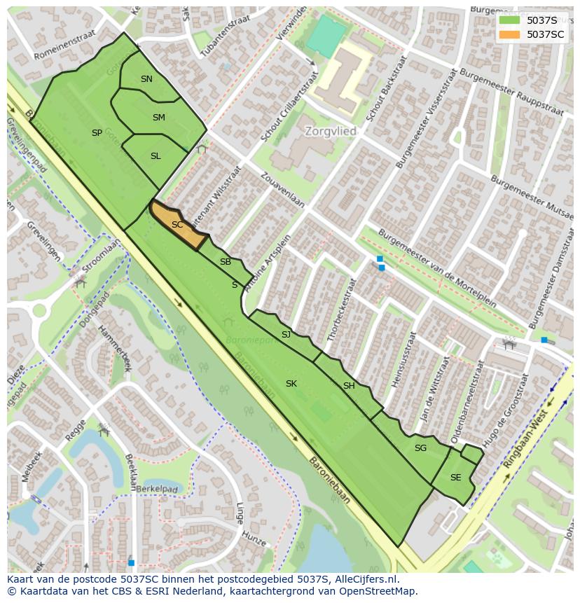Afbeelding van het postcodegebied 5037 SC op de kaart.