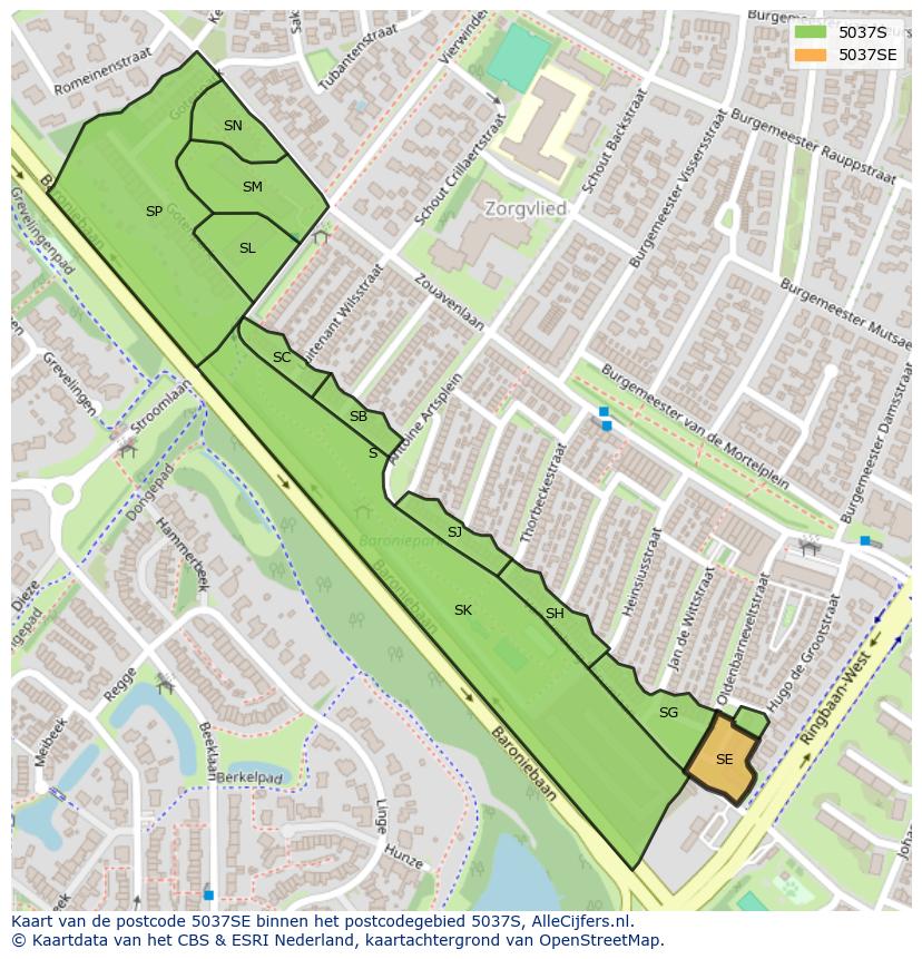 Afbeelding van het postcodegebied 5037 SE op de kaart.