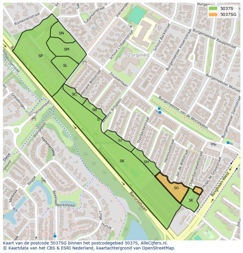 Afbeelding van het postcodegebied 5037 SG op de kaart.