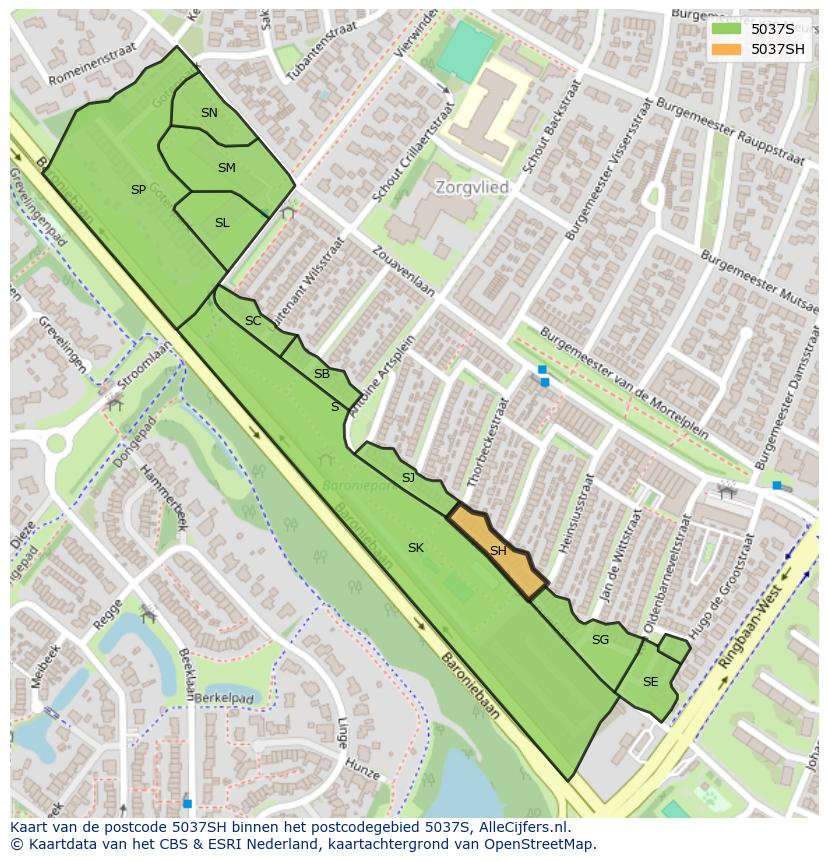 Afbeelding van het postcodegebied 5037 SH op de kaart.