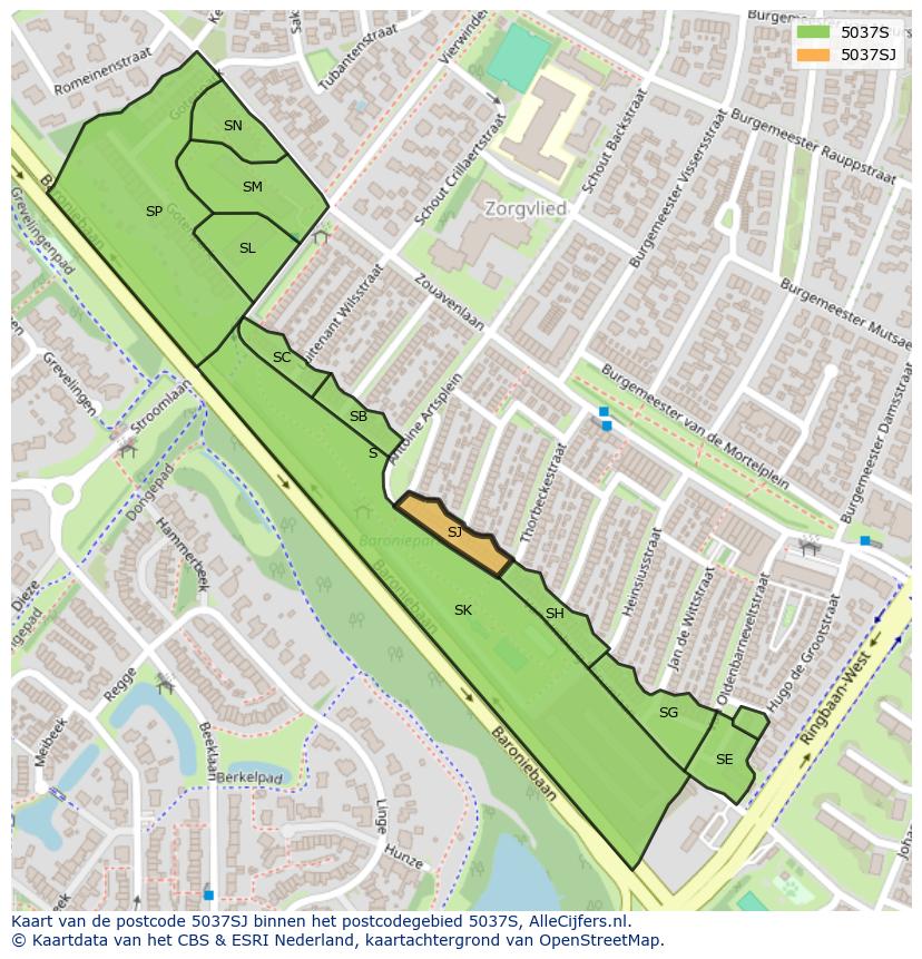 Afbeelding van het postcodegebied 5037 SJ op de kaart.