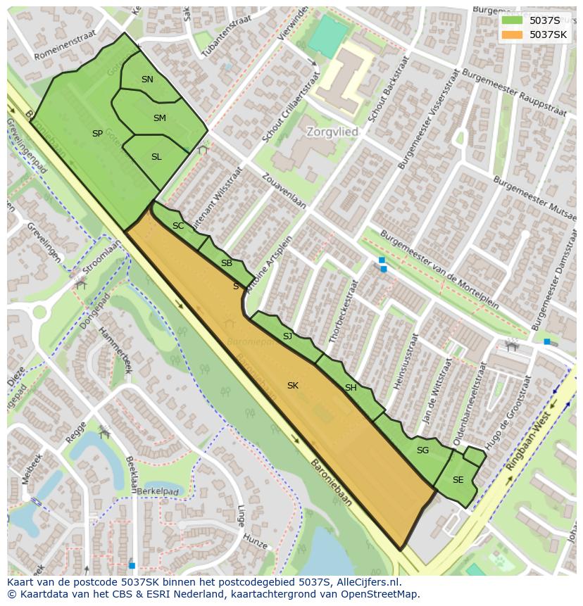 Afbeelding van het postcodegebied 5037 SK op de kaart.