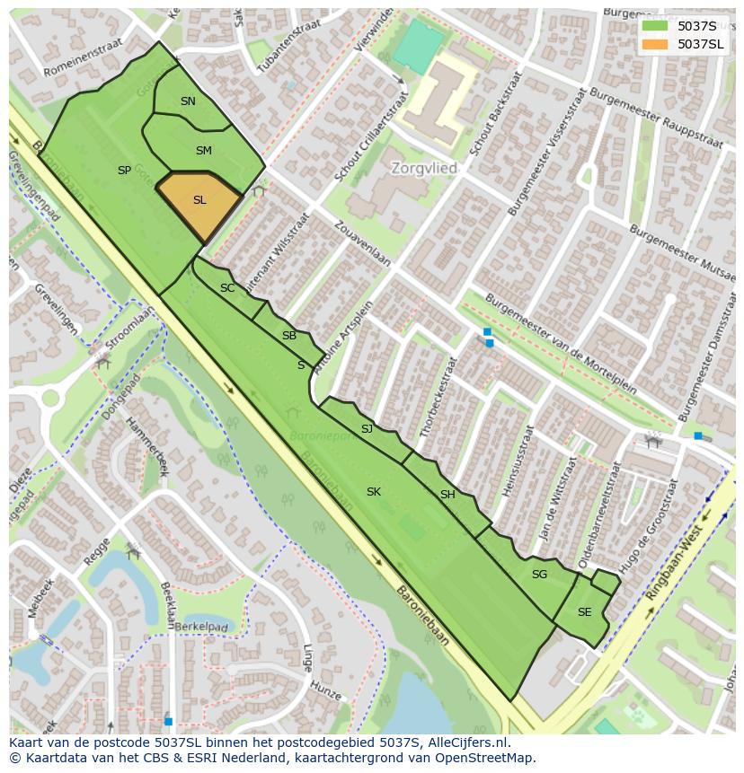 Afbeelding van het postcodegebied 5037 SL op de kaart.