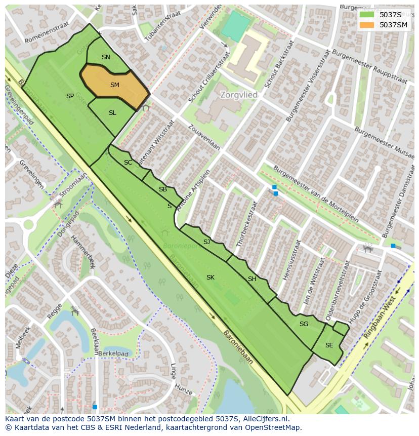 Afbeelding van het postcodegebied 5037 SM op de kaart.