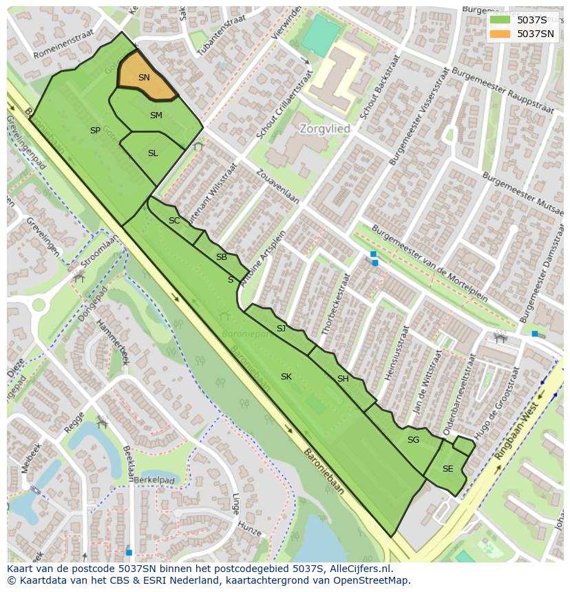 Afbeelding van het postcodegebied 5037 SN op de kaart.