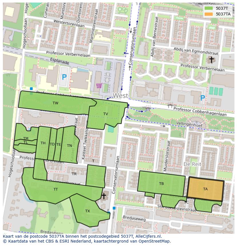 Afbeelding van het postcodegebied 5037 TA op de kaart.