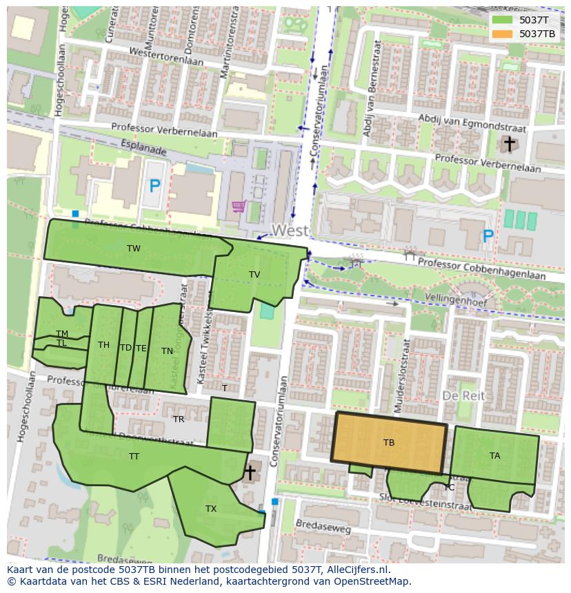 Afbeelding van het postcodegebied 5037 TB op de kaart.