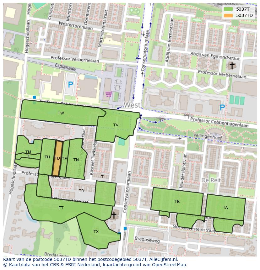 Afbeelding van het postcodegebied 5037 TD op de kaart.