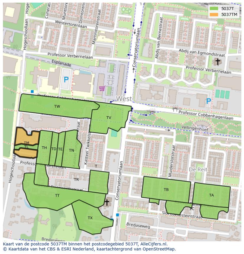 Afbeelding van het postcodegebied 5037 TM op de kaart.